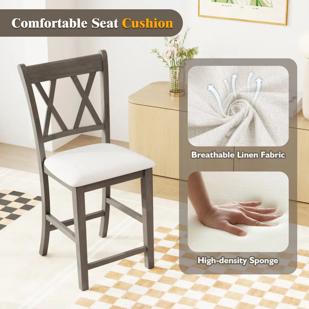 Set of 2 Bar Stools with Cross Back and Linen Fabric Upholstered Seat-Beige - Beige - Bar Stools