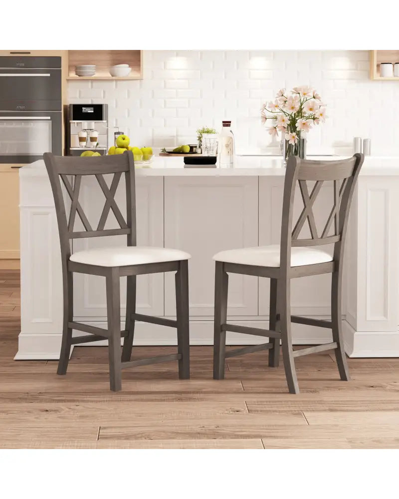 Set of 2 Bar Stools with Cross Back and Linen Fabric Upholstered Seat-Beige - Beige - Bar Stools