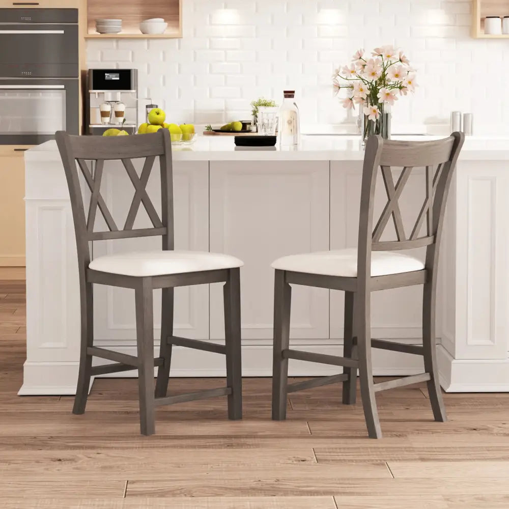 Set of 2 Bar Stools with Cross Back and Linen Fabric Upholstered Seat-Beige - Beige - Bar Stools