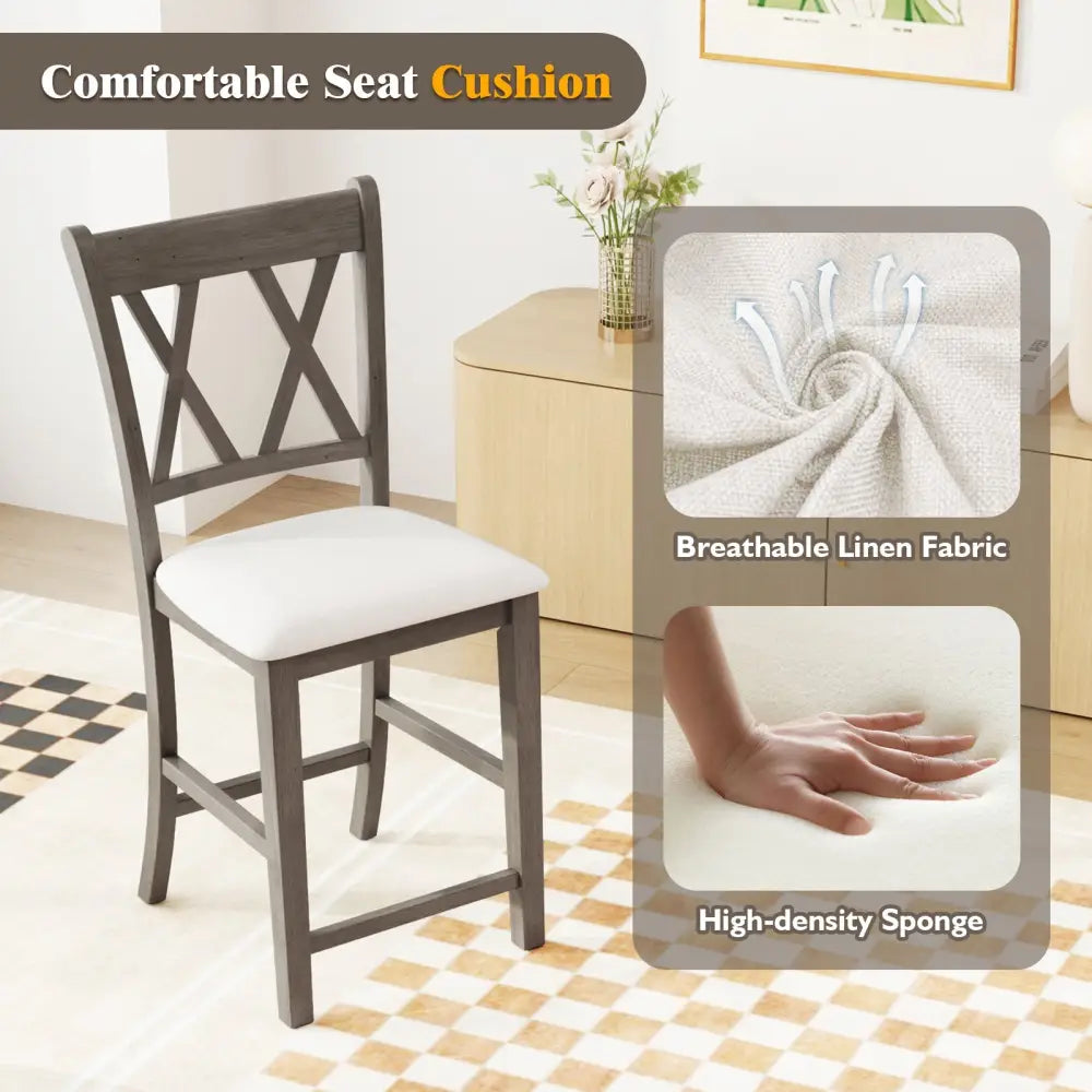 Set of 2 Bar Stools with Cross Back and Linen Fabric Upholstered Seat-Beige - Beige - Bar Stools