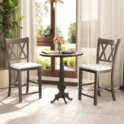 Set of 2 Bar Stools with Cross Back and Linen Fabric Upholstered Seat-Beige - Beige - Bar Stools