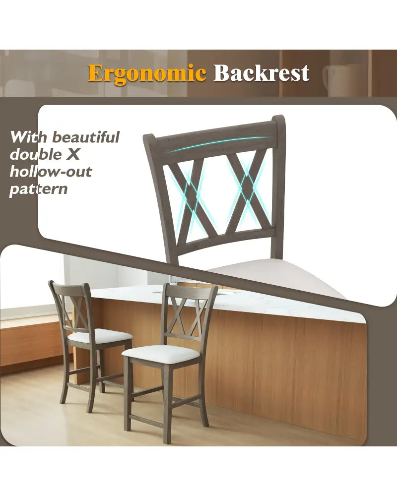 Set of 2 Bar Stools with Cross Back and Linen Fabric Upholstered Seat-Beige - Beige - Bar Stools