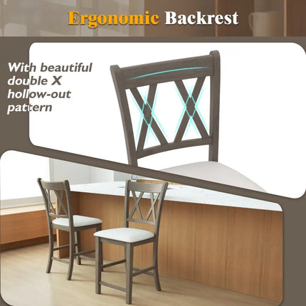 Set of 2 Bar Stools with Cross Back and Linen Fabric Upholstered Seat-Beige - Beige - Bar Stools