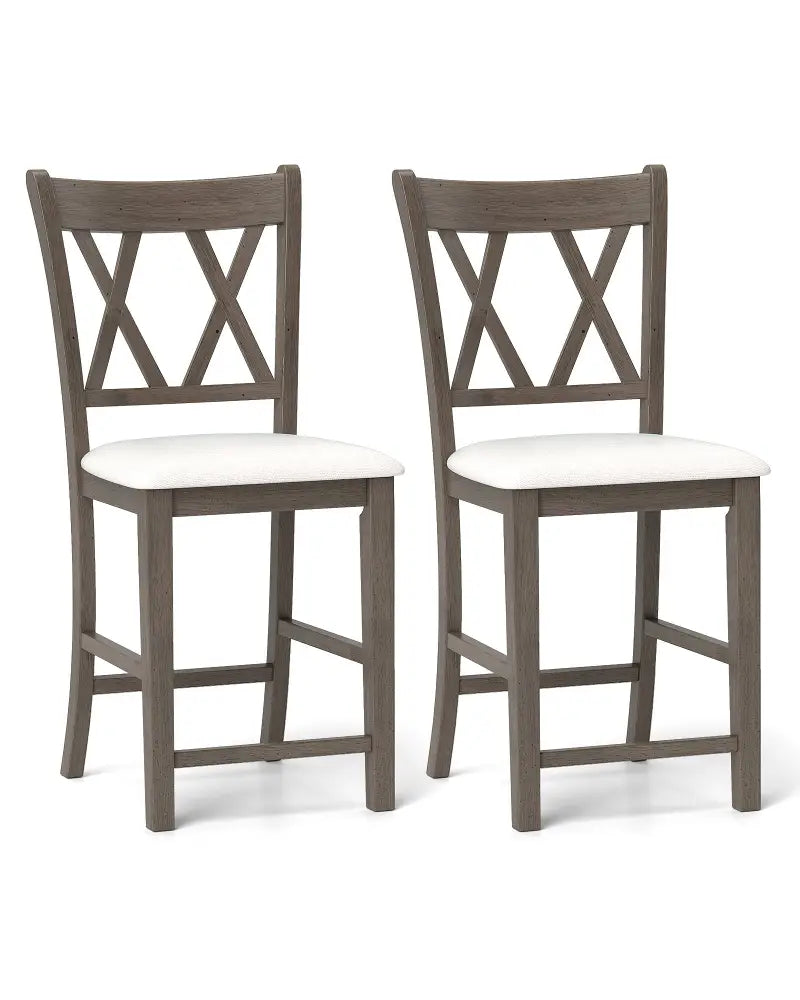 Set of 2 Bar Stools with Cross Back and Linen Fabric Upholstered Seat-Beige - Beige - Bar Stools