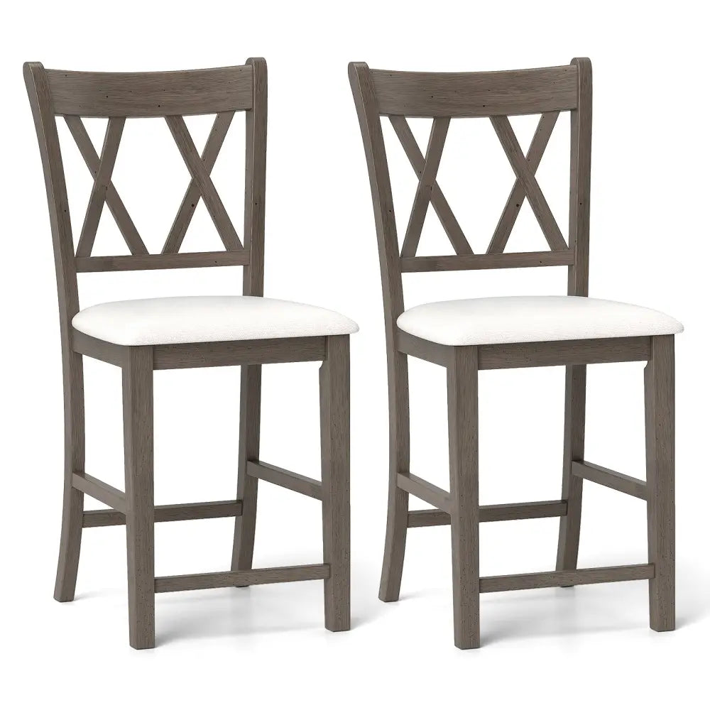 Set of 2 Bar Stools with Cross Back and Linen Fabric Upholstered Seat-Beige - Beige - Bar Stools