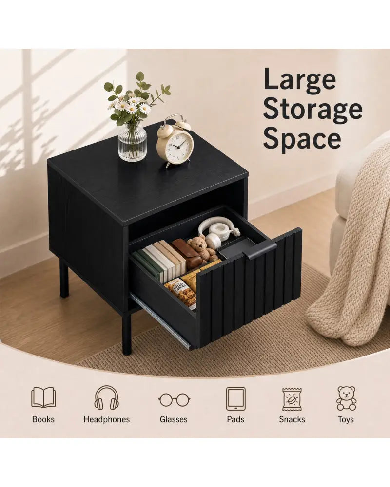 Set of 2 Black Modern Nightstand with Vertical-Striped Storage Drawer-Black - Black - Nightstands