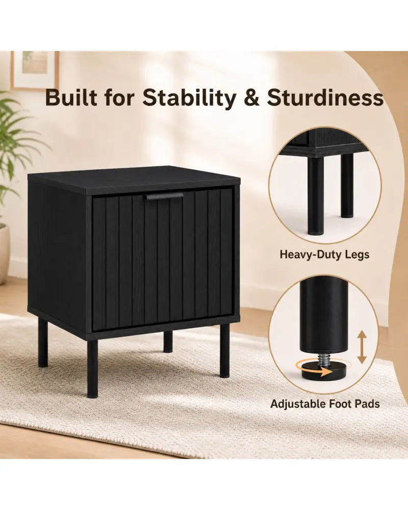 Set of 2 Black Modern Nightstand with Vertical-Striped Storage Drawer-Black - Black - Nightstands