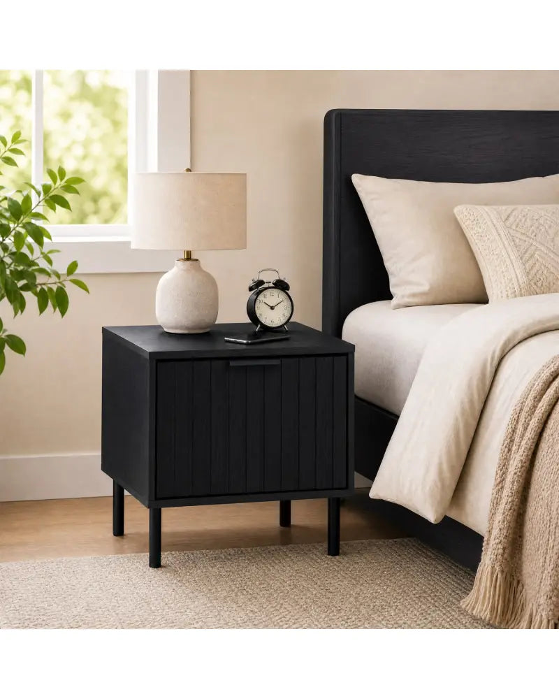 Set of 2 Black Modern Nightstand with Vertical-Striped Storage Drawer-Black - Black - Nightstands