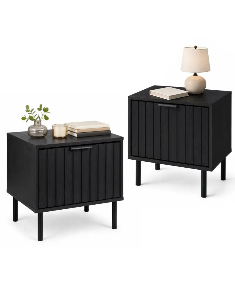 Set of 2 Black Modern Nightstand with Vertical-Striped Storage Drawer-Black - Black - Nightstands