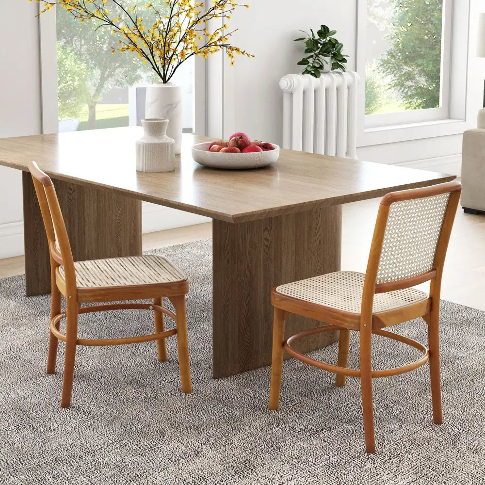 Set of 2 Boho Dining Chairs Rattan with Teak Wood Structure and Footrests - Natural - Dining Chairs