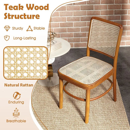 Set of 2 Boho Dining Chairs Rattan with Teak Wood Structure and Footrests - Natural - Dining Chairs