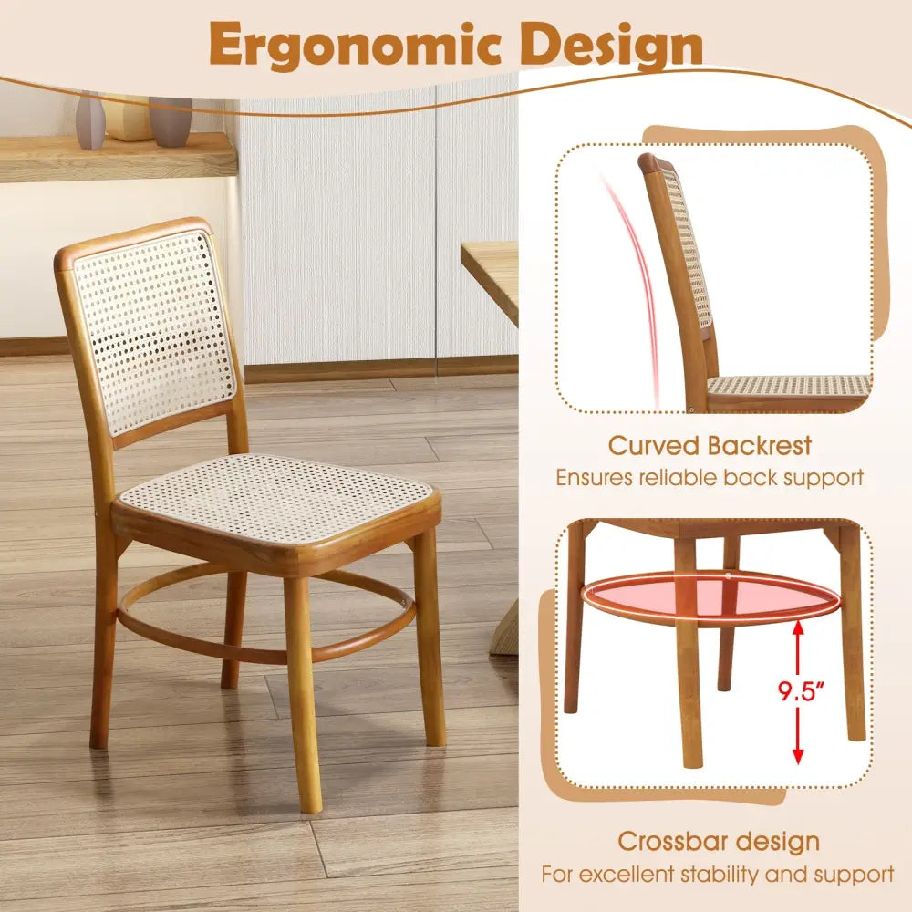 Set of 2 Boho Dining Chairs Rattan with Teak Wood Structure and Footrests - Natural - Dining Chairs