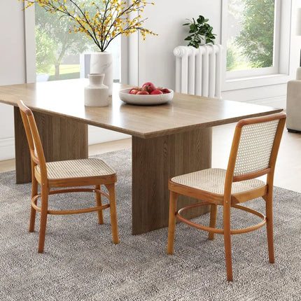 Set of 2 Boho Dining Chairs Rattan with Teak Wood Structure and Footrests - Natural - Dining Chairs