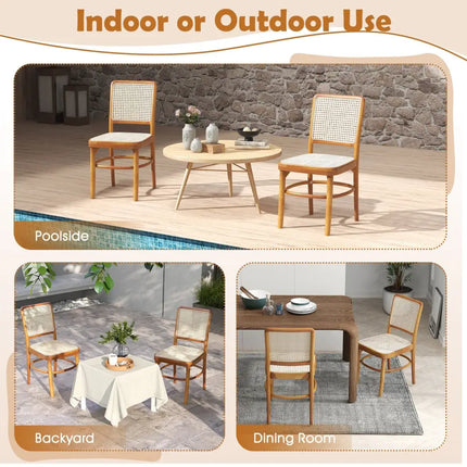 Set of 2 Boho Dining Chairs Rattan with Teak Wood Structure and Footrests - Natural - Dining Chairs