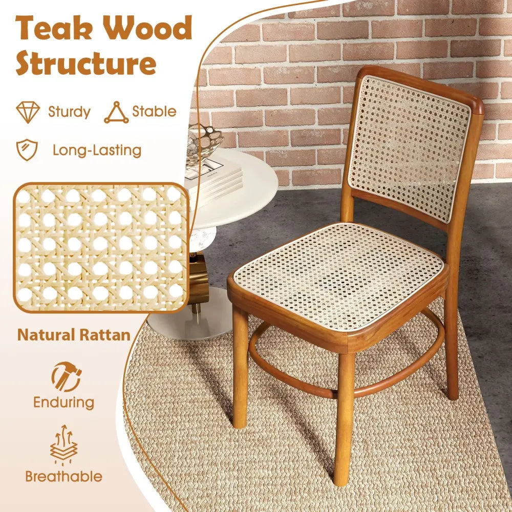 Set of 2 Boho Dining Chairs Rattan with Teak Wood Structure and Footrests - Natural - Dining Chairs