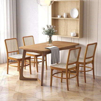 Set of 2 Boho Dining Chairs Rattan with Teak Wood Structure and Footrests - Natural - Dining Chairs