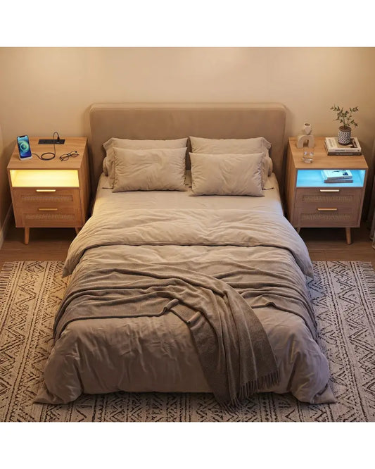 Set of 2 Boho Nightstand with Charging Station and RGB LED Light Strip - Nightstands