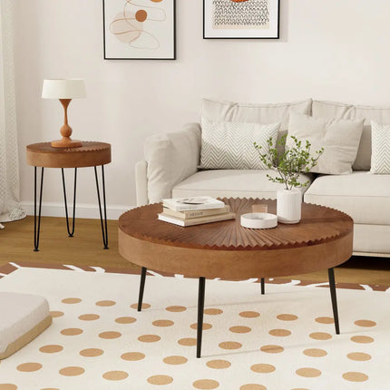 Set of 2 Boho Round Coffee Table with Solid Pine Wood Top and Metal Legs-Brown - Brown - Coffee Tables