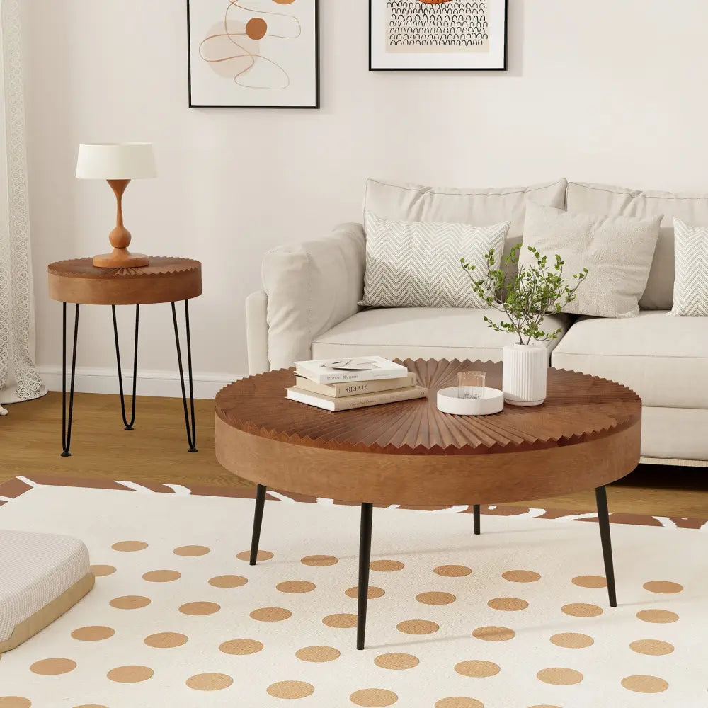 Set of 2 Boho Round Coffee Table with Solid Pine Wood Top and Metal Legs-Brown - Brown - Coffee Tables