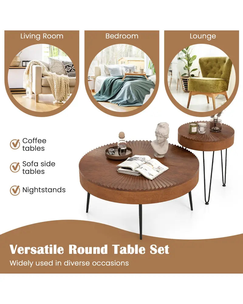 Set of 2 Boho Round Coffee Table with Solid Pine Wood Top and Metal Legs-Brown - Brown - Coffee Tables
