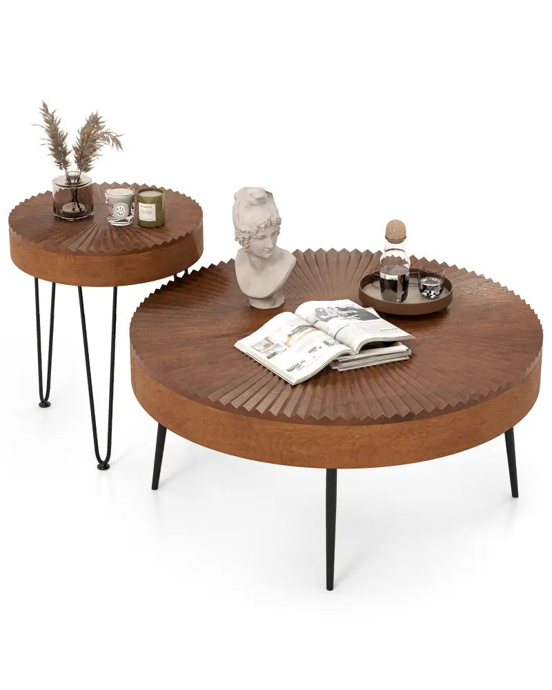 Set of 2 Boho Round Coffee Table with Solid Pine Wood Top and Metal Legs-Brown - Brown - Coffee Tables
