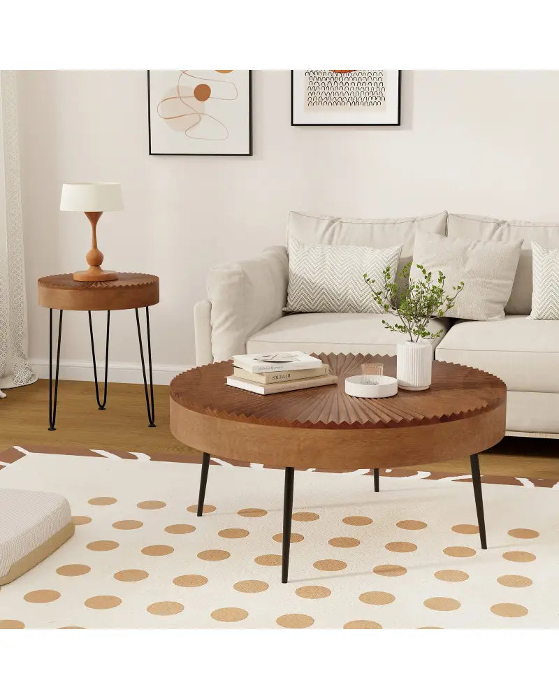 Set of 2 Boho Round Coffee Table with Solid Pine Wood Top and Metal Legs-Brown - Brown - Coffee Tables