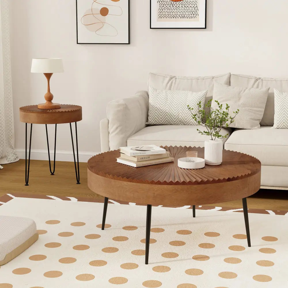 Set of 2 Boho Round Coffee Table with Solid Pine Wood Top and Metal Legs-Brown - Brown - Coffee Tables