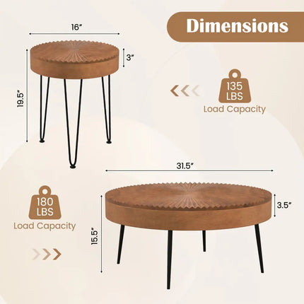 Set of 2 Boho Round Coffee Table with Solid Pine Wood Top and Metal Legs-Brown - Brown - Coffee Tables