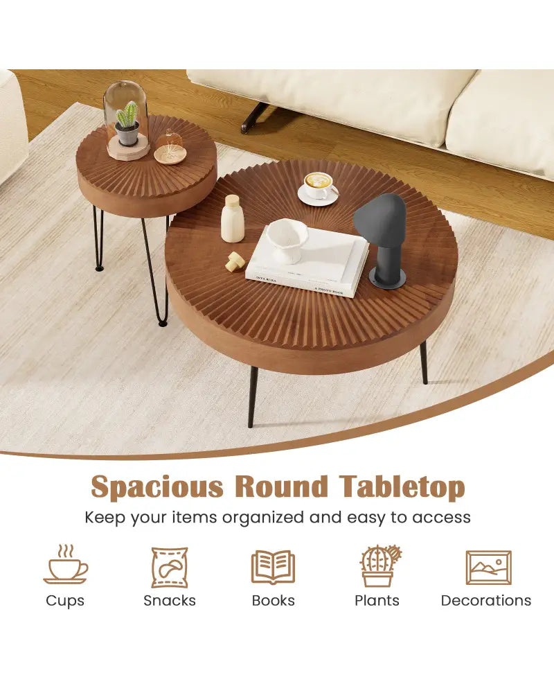 Set of 2 Boho Round Coffee Table with Solid Pine Wood Top and Metal Legs-Brown - Brown - Coffee Tables