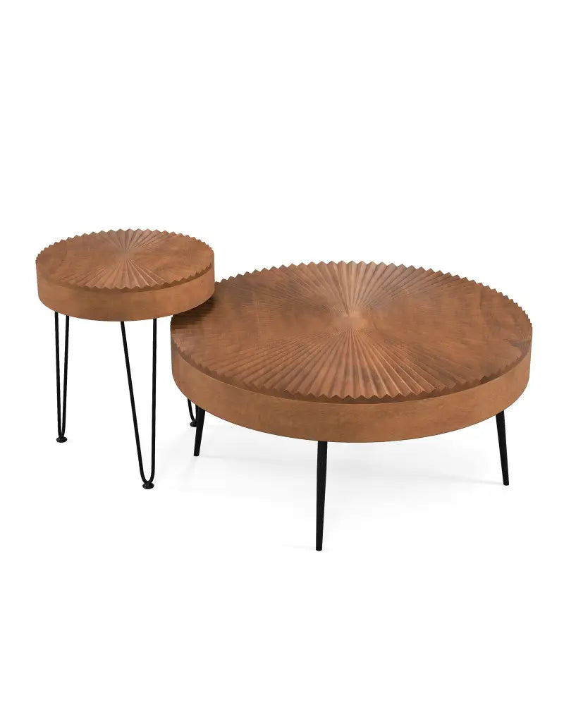Set of 2 Boho Round Coffee Table with Solid Pine Wood Top and Metal Legs-Brown - Brown - Coffee Tables