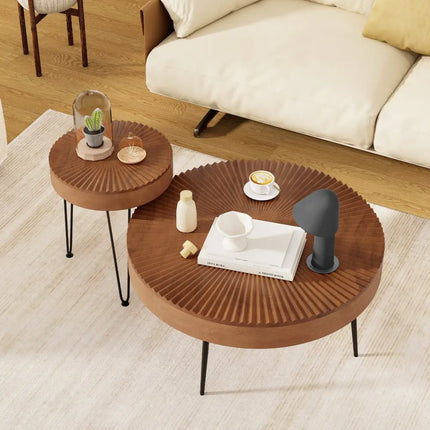 Set of 2 Boho Round Coffee Table with Solid Pine Wood Top and Metal Legs-Brown - Brown - Coffee Tables