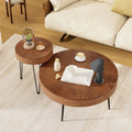 Set of 2 Boho Round Coffee Table with Solid Pine Wood Top and Metal Legs-Brown - Brown - Coffee Tables