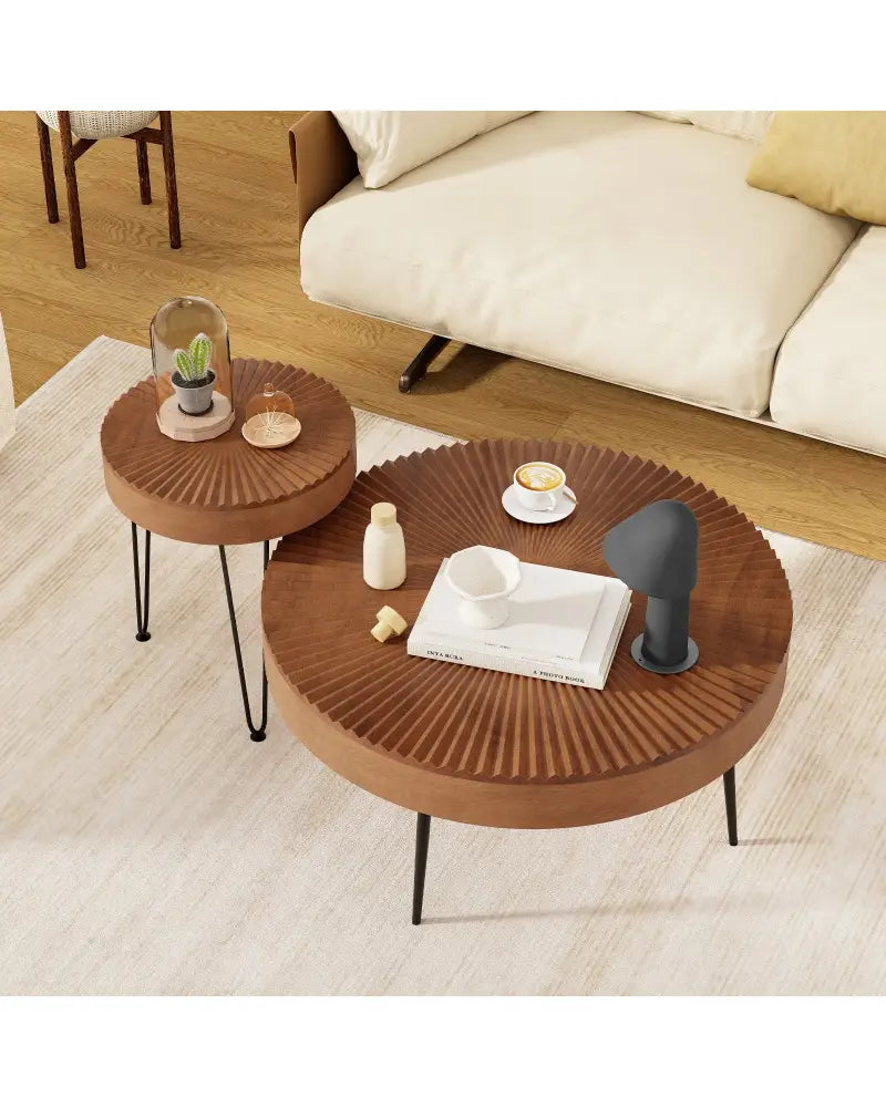 Set of 2 Boho Round Coffee Table with Solid Pine Wood Top and Metal Legs-Brown - Brown - Coffee Tables