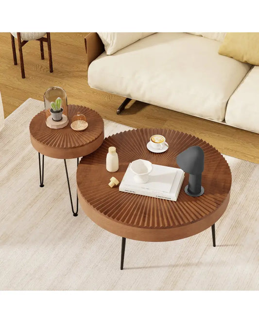Set of 2 Boho Round Coffee Table with Solid Pine Wood Top and Metal Legs-Brown - Brown - Coffee Tables