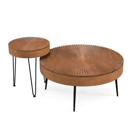 Set of 2 Boho Round Coffee Table with Solid Pine Wood Top and Metal Legs-Brown - Brown - Coffee Tables