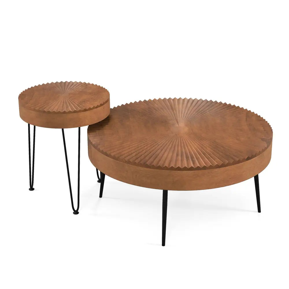 Set of 2 Boho Round Coffee Table with Solid Pine Wood Top and Metal Legs-Brown - Brown - Coffee Tables