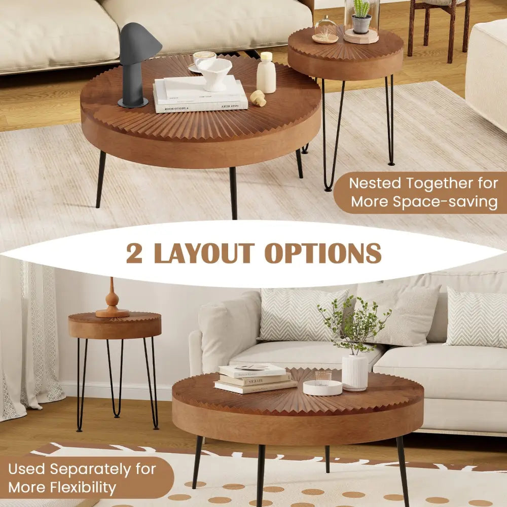 Set of 2 Boho Round Coffee Table with Solid Pine Wood Top and Metal Legs-Brown - Brown - Coffee Tables