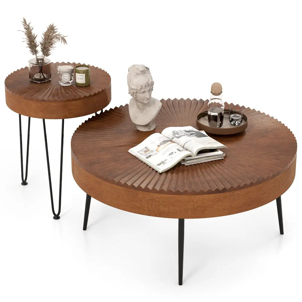 Set of 2 Boho Round Coffee Table with Solid Pine Wood Top and Metal Legs-Brown - Brown - Coffee Tables