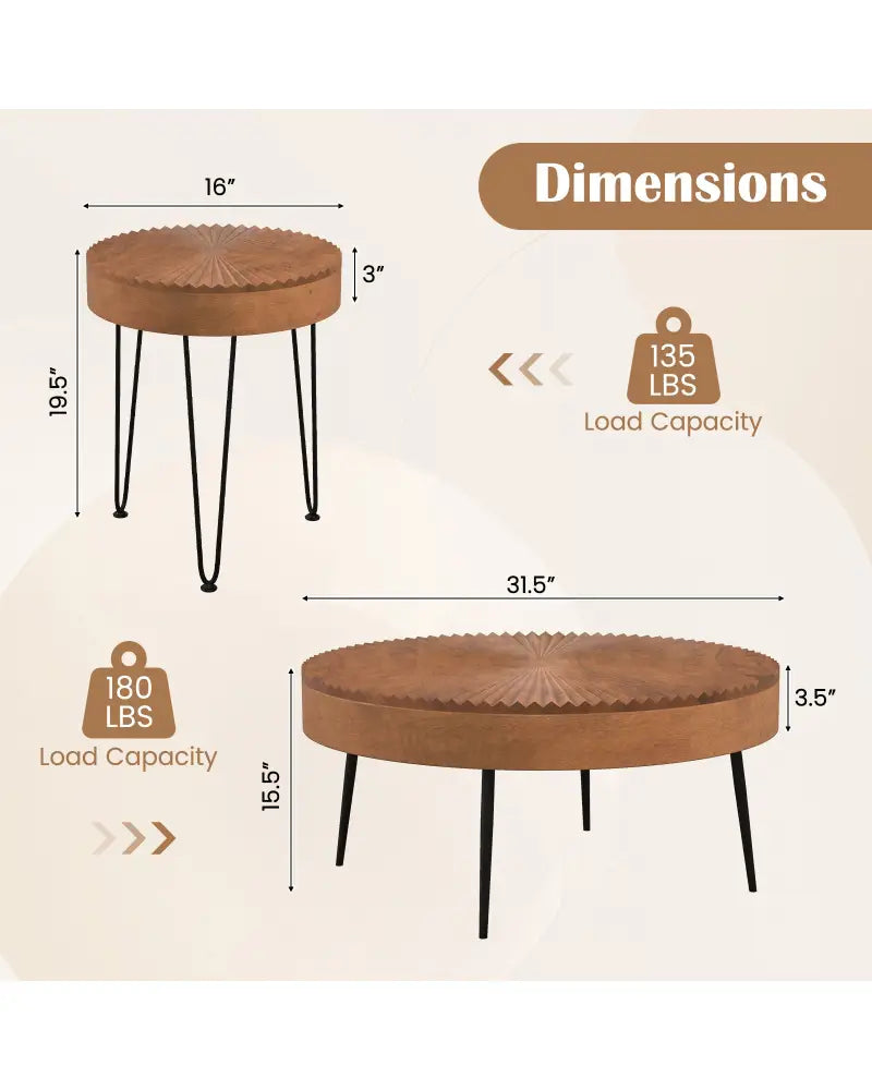 Set of 2 Boho Round Coffee Table with Solid Pine Wood Top and Metal Legs-Brown - Brown - Coffee Tables