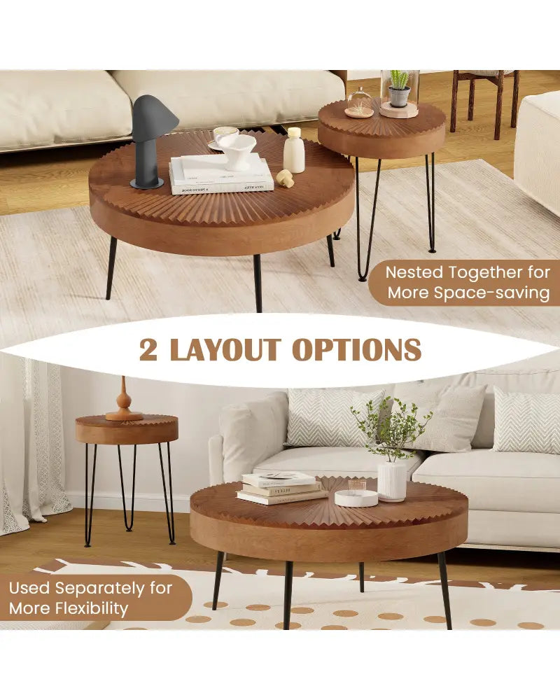Set of 2 Boho Round Coffee Table with Solid Pine Wood Top and Metal Legs-Brown - Brown - Coffee Tables