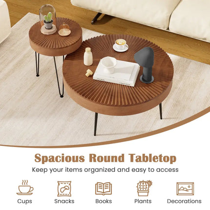Set of 2 Boho Round Coffee Table with Solid Pine Wood Top and Metal Legs-Brown - Brown - Coffee Tables