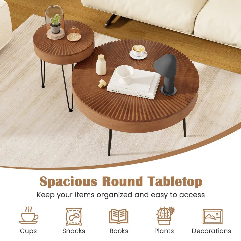 Set of 2 Boho Round Coffee Table with Solid Pine Wood Top and Metal Legs-Brown - Brown - Coffee Tables