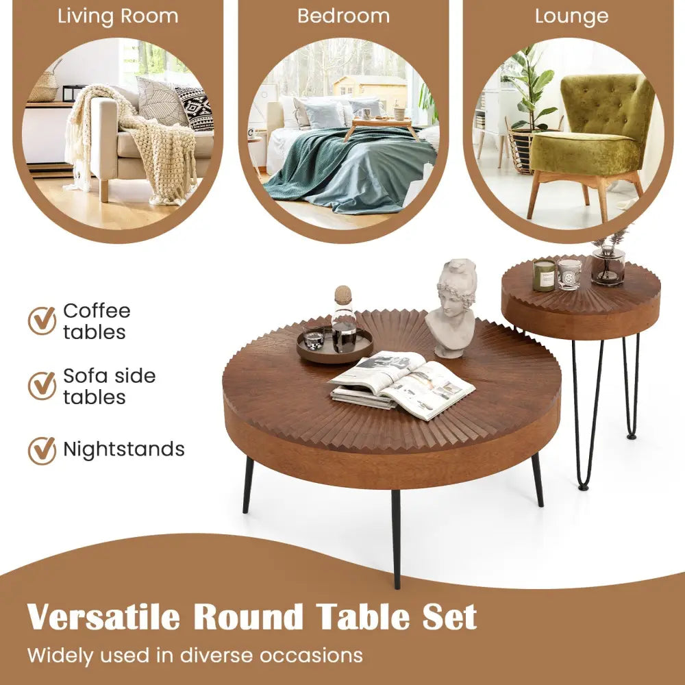 Set of 2 Boho Round Coffee Table with Solid Pine Wood Top and Metal Legs-Brown - Brown - Coffee Tables