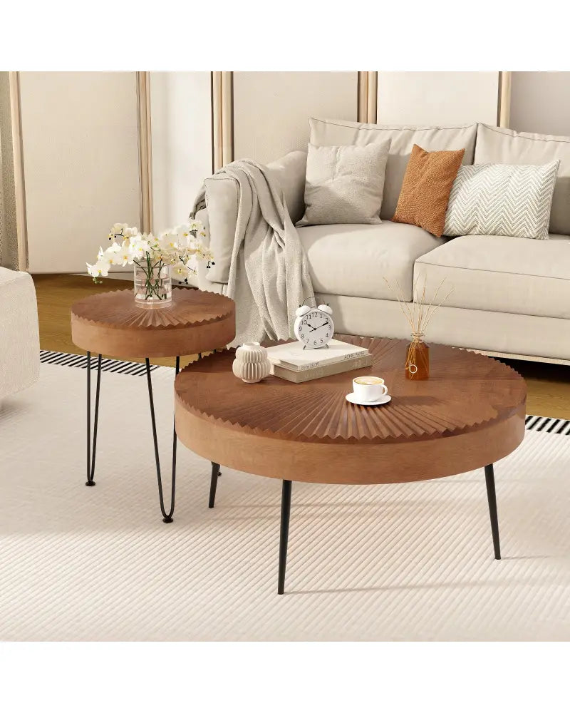 Set of 2 Boho Round Coffee Table with Solid Pine Wood Top and Metal Legs-Brown - Brown - Coffee Tables
