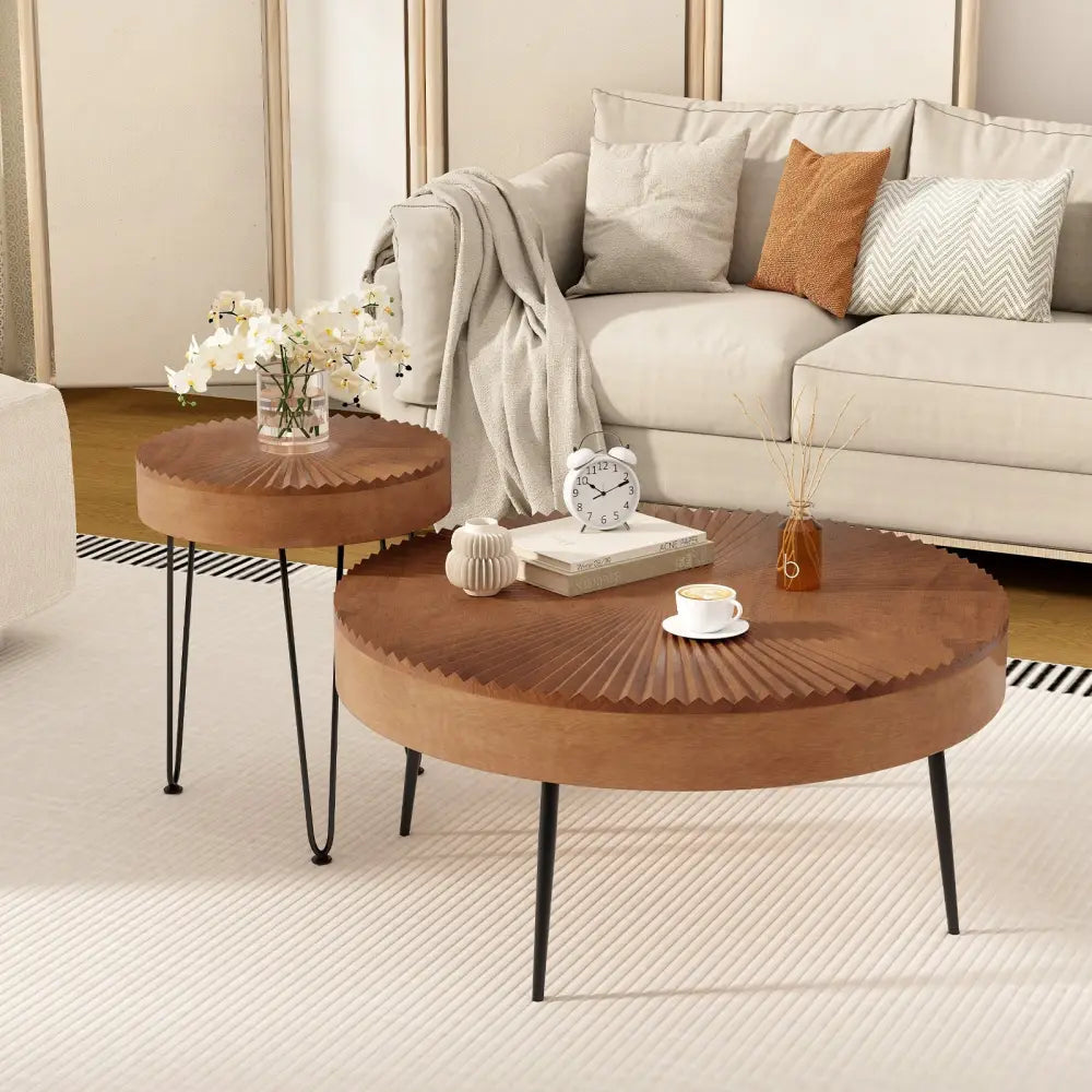 Set of 2 Boho Round Coffee Table with Solid Pine Wood Top and Metal Legs-Brown - Brown - Coffee Tables