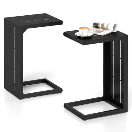 Set of 2 C-Shaped End Table with Adjustable Foot Pads for Indoors Outdoors-Black - Black - End & Side Tables