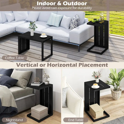 Set of 2 C-Shaped End Table with Adjustable Foot Pads for Indoors Outdoors-Black - Black - End & Side Tables
