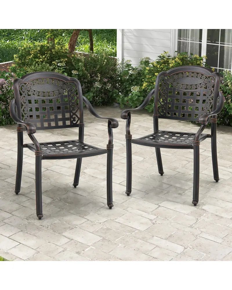 Set of 2 Cast Aluminum Patio Chairs with Armrests-Brown - Brown - Patio Dining Chairs