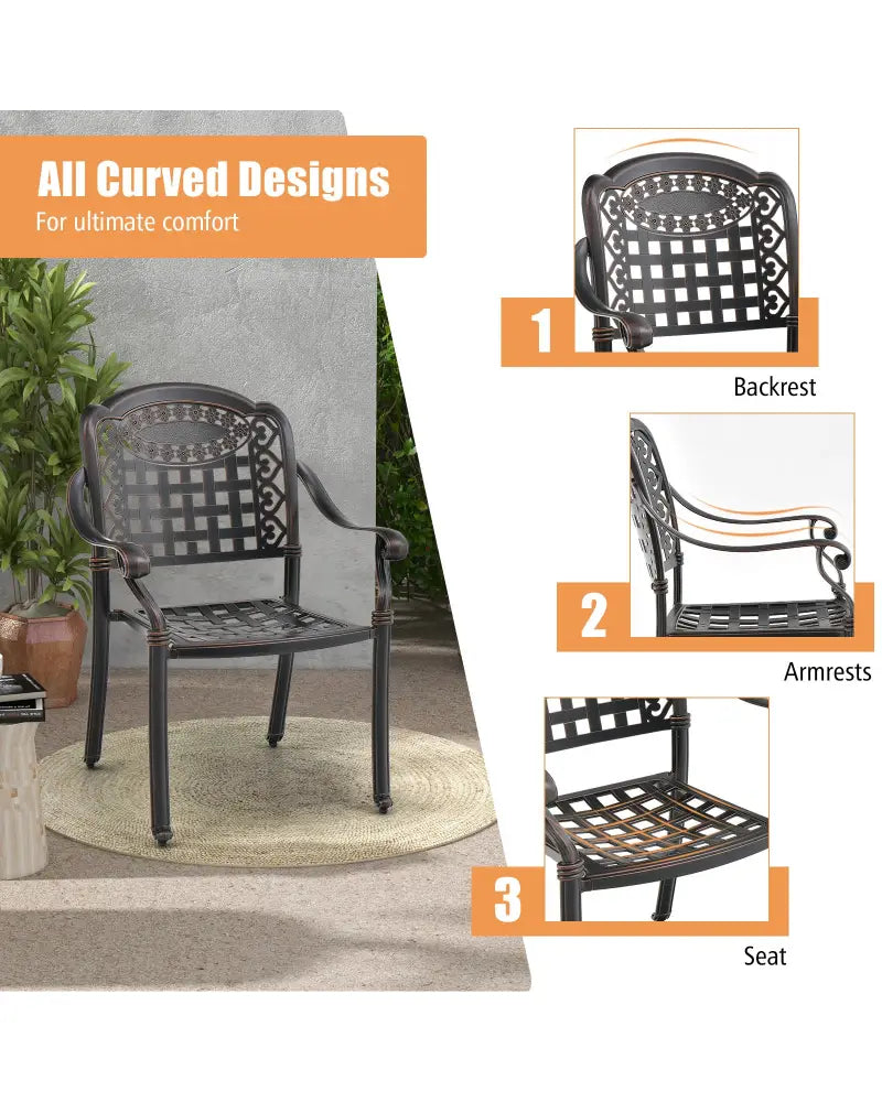 Set of 2 Cast Aluminum Patio Chairs with Armrests-Brown - Brown - Patio Dining Chairs