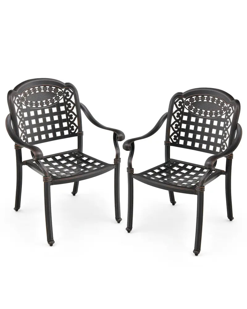 Set of 2 Cast Aluminum Patio Chairs with Armrests-Brown - Brown - Patio Dining Chairs
